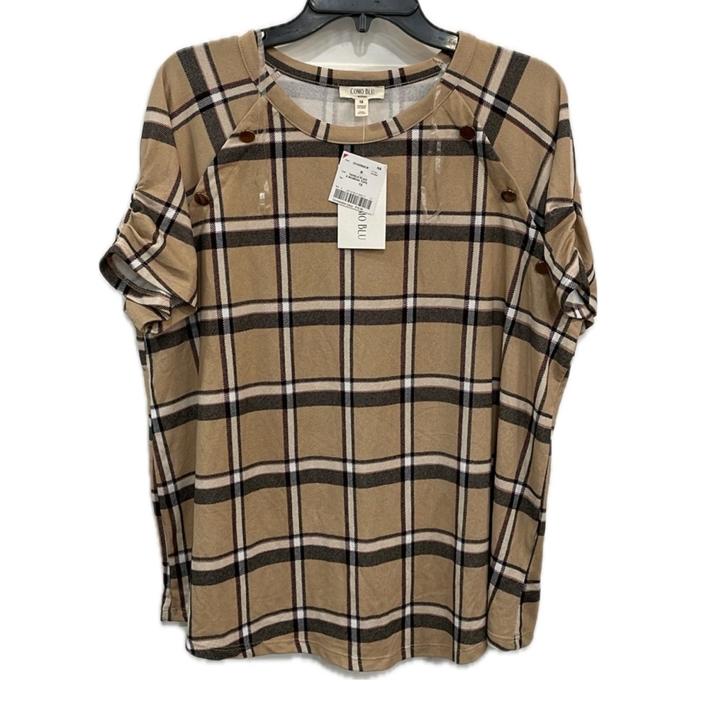 New Women's Como Blu "Burberry" Print Short Sleeve Shirt Blouse w/Gold Buttons